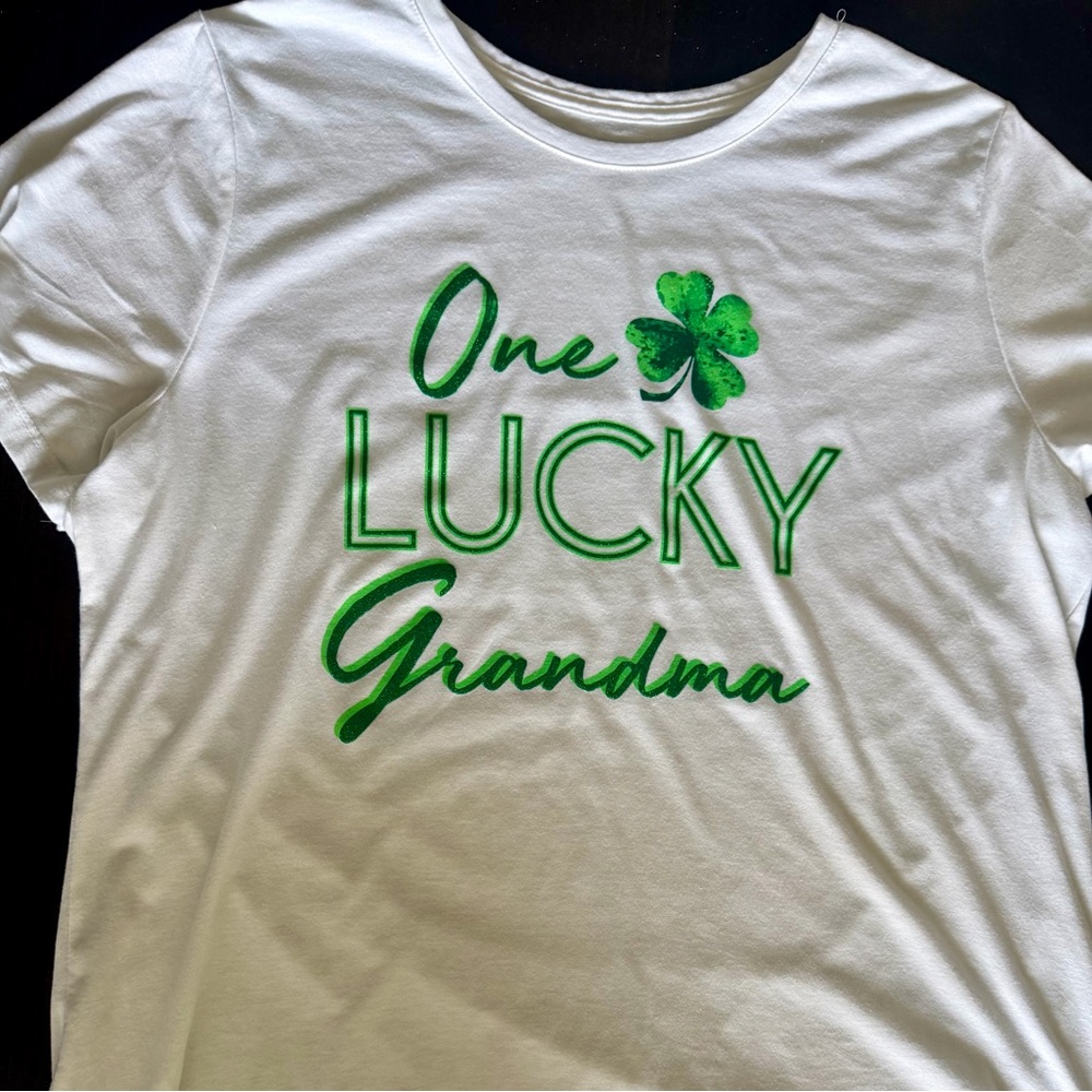 One Lucky Grandma White Tee with Green Design